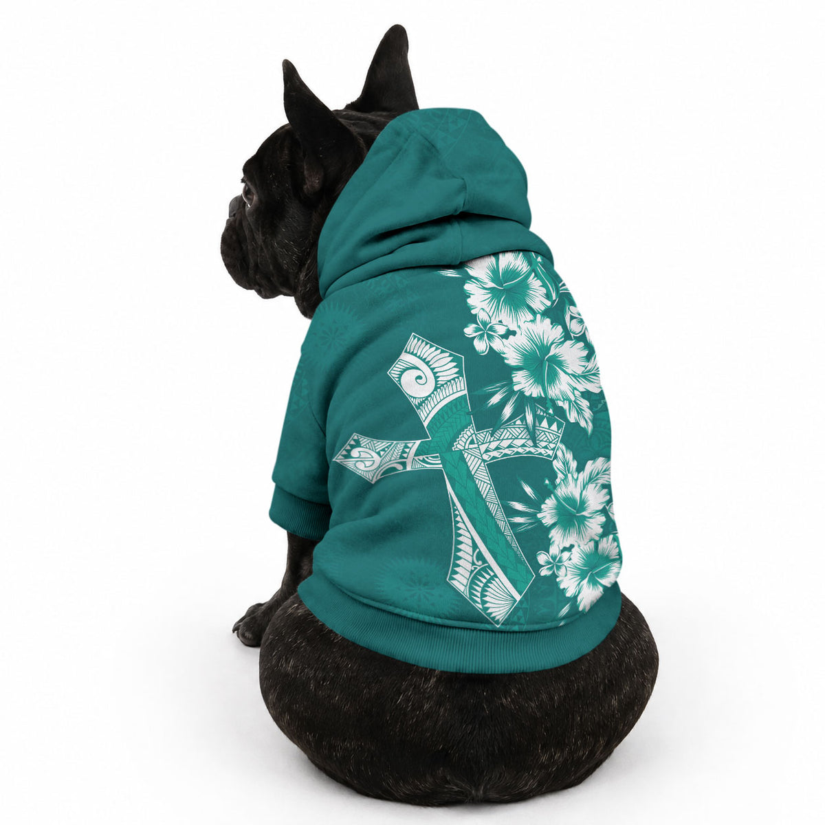 Kia Orana Cook Islands Tapa Floral With Cross Pet Hoodie Deep Teal LT7 - Polynesian Pride
