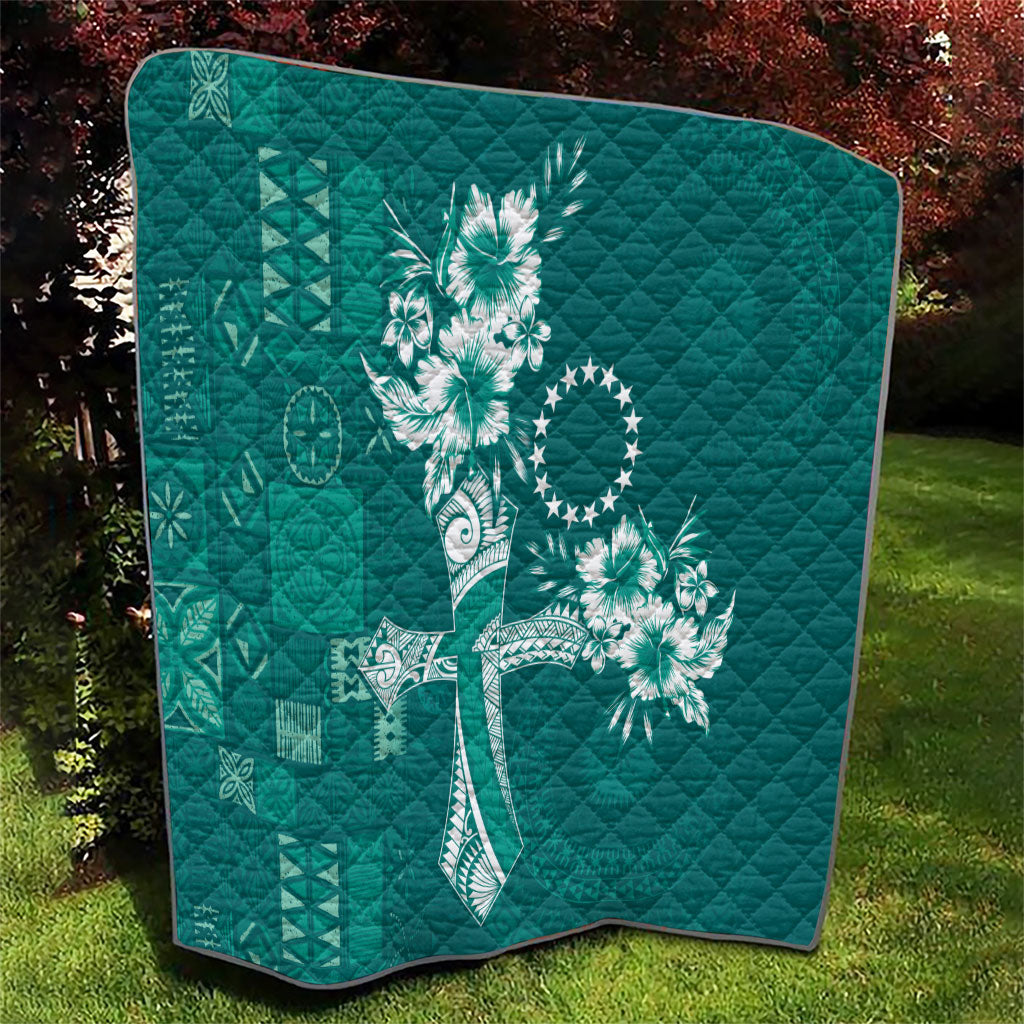 Kia Orana Cook Islands Tapa Floral With Cross Quilt Deep Teal LT7 - Polynesian Pride