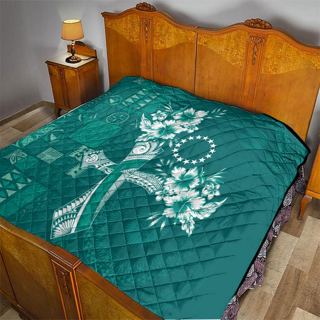 Kia Orana Cook Islands Tapa Floral With Cross Quilt Deep Teal LT7 - Polynesian Pride