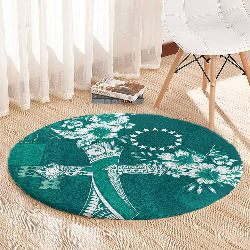 Kia Orana Cook Islands Tapa Floral With Cross Round Carpet Deep Teal LT7 - Polynesian Pride