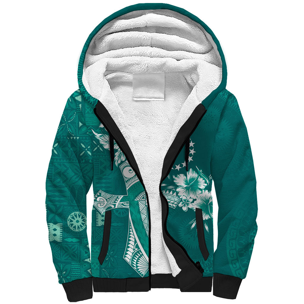 Kia Orana Cook Islands Tapa Floral With Cross Sherpa Hoodie Deep Teal