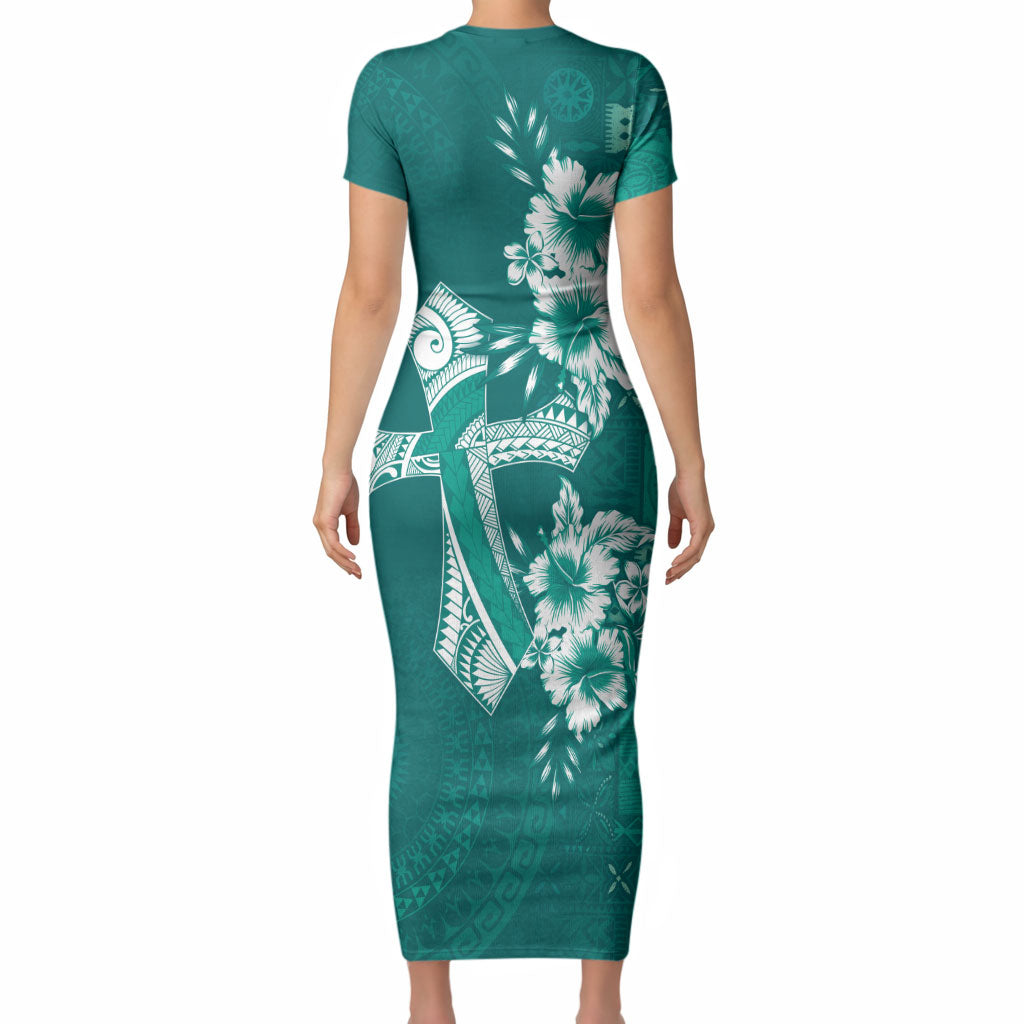 Kia Orana Cook Islands Tapa Floral With Cross Short Sleeve Bodycon Dress Deep Teal LT7 - Polynesian Pride