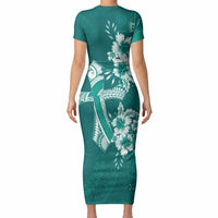 Kia Orana Cook Islands Tapa Floral With Cross Short Sleeve Bodycon Dress Deep Teal LT7 - Polynesian Pride