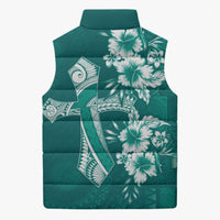 Kia Orana Cook Islands Tapa Floral With Cross Sleeveless Puffer Jacket Deep Teal LT7 - Polynesian Pride