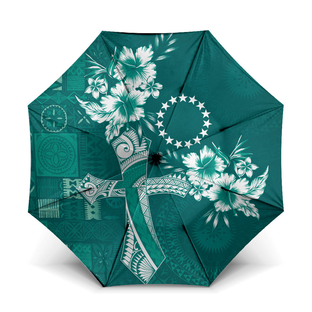 Kia Orana Cook Islands Tapa Floral With Cross Umbrella Deep Teal LT7 One Size Folded 11.42 inch Opened Diameter 37.4 inch Deep Teal - Polynesian Pride