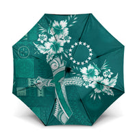 Kia Orana Cook Islands Tapa Floral With Cross Umbrella Deep Teal LT7 One Size Folded 11.42 inch Opened Diameter 37.4 inch Deep Teal - Polynesian Pride