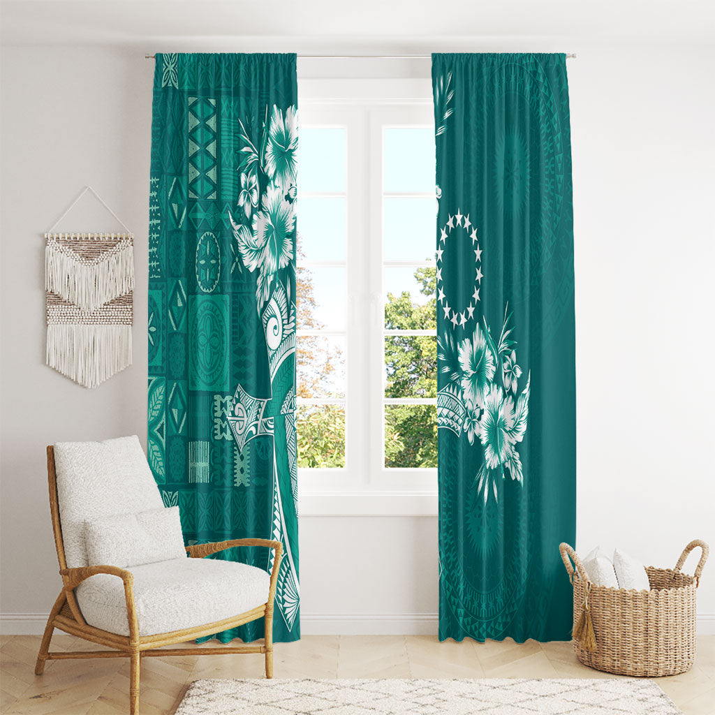 Kia Orana Cook Islands Tapa Floral With Cross Window Curtain Deep Teal LT7 - Polynesian Pride