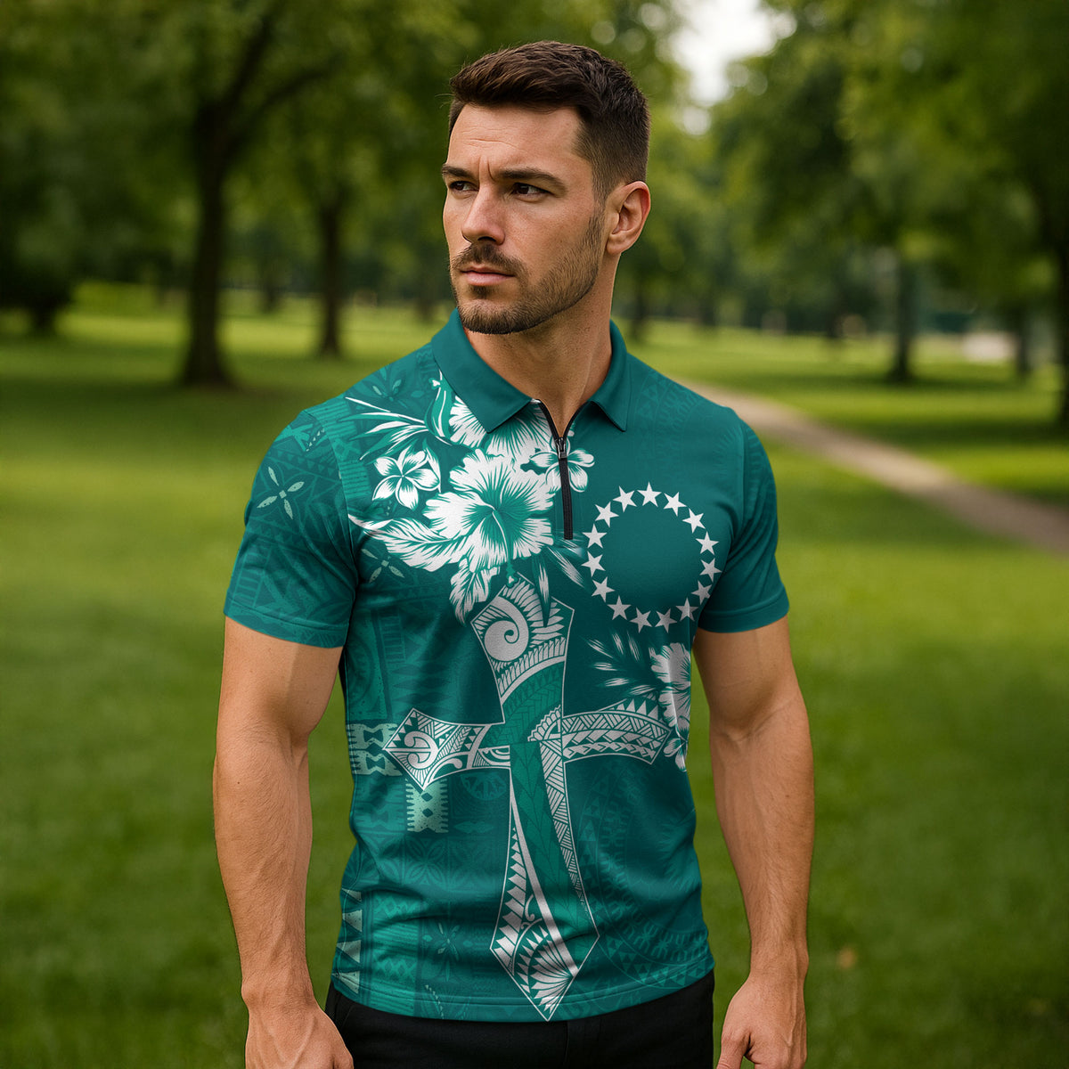 Kia Orana Cook Islands Tapa Floral With Cross Zipper Polo Shirt Deep Teal LT7 - Polynesian Pride