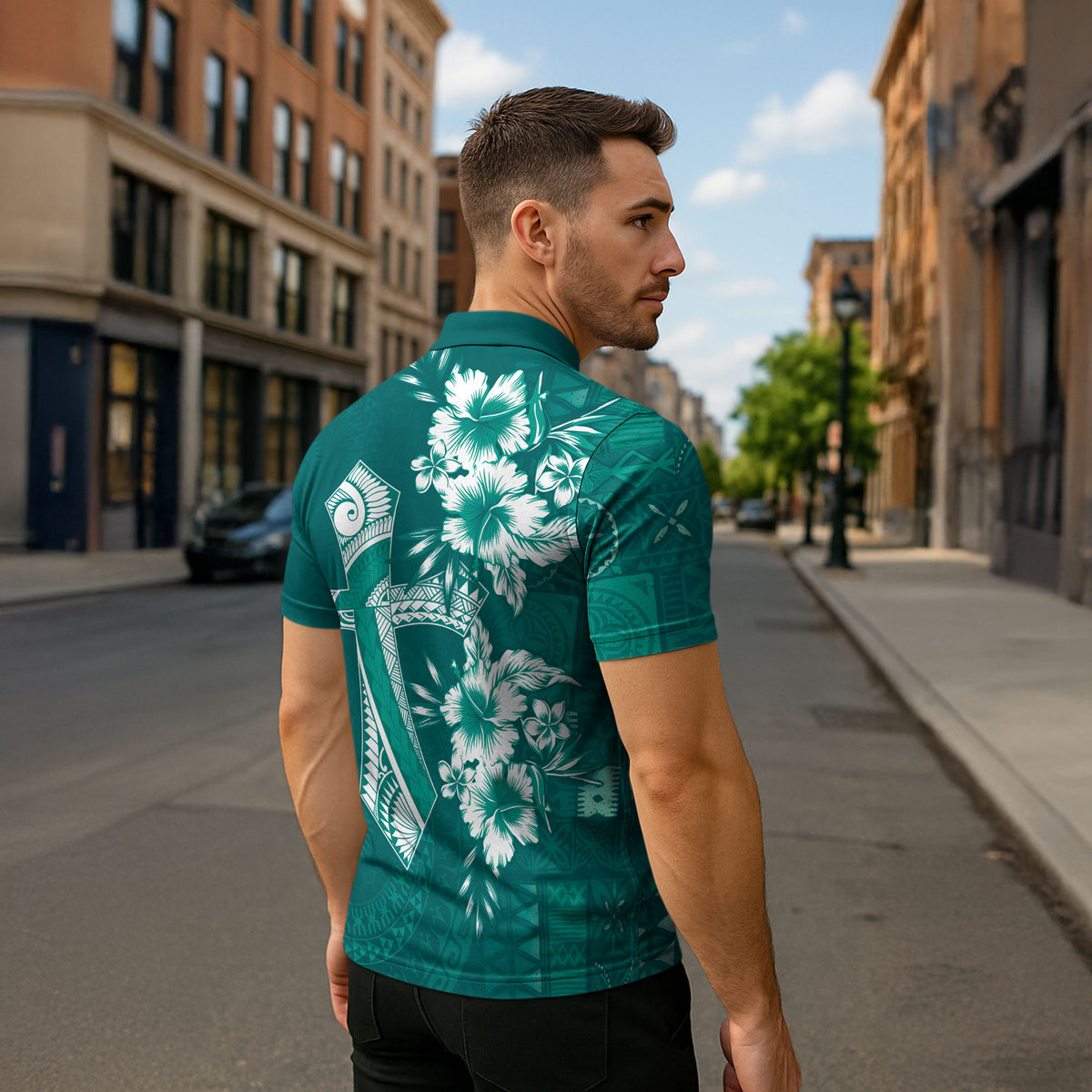 Kia Orana Cook Islands Tapa Floral With Cross Zipper Polo Shirt Deep Teal LT7 - Polynesian Pride