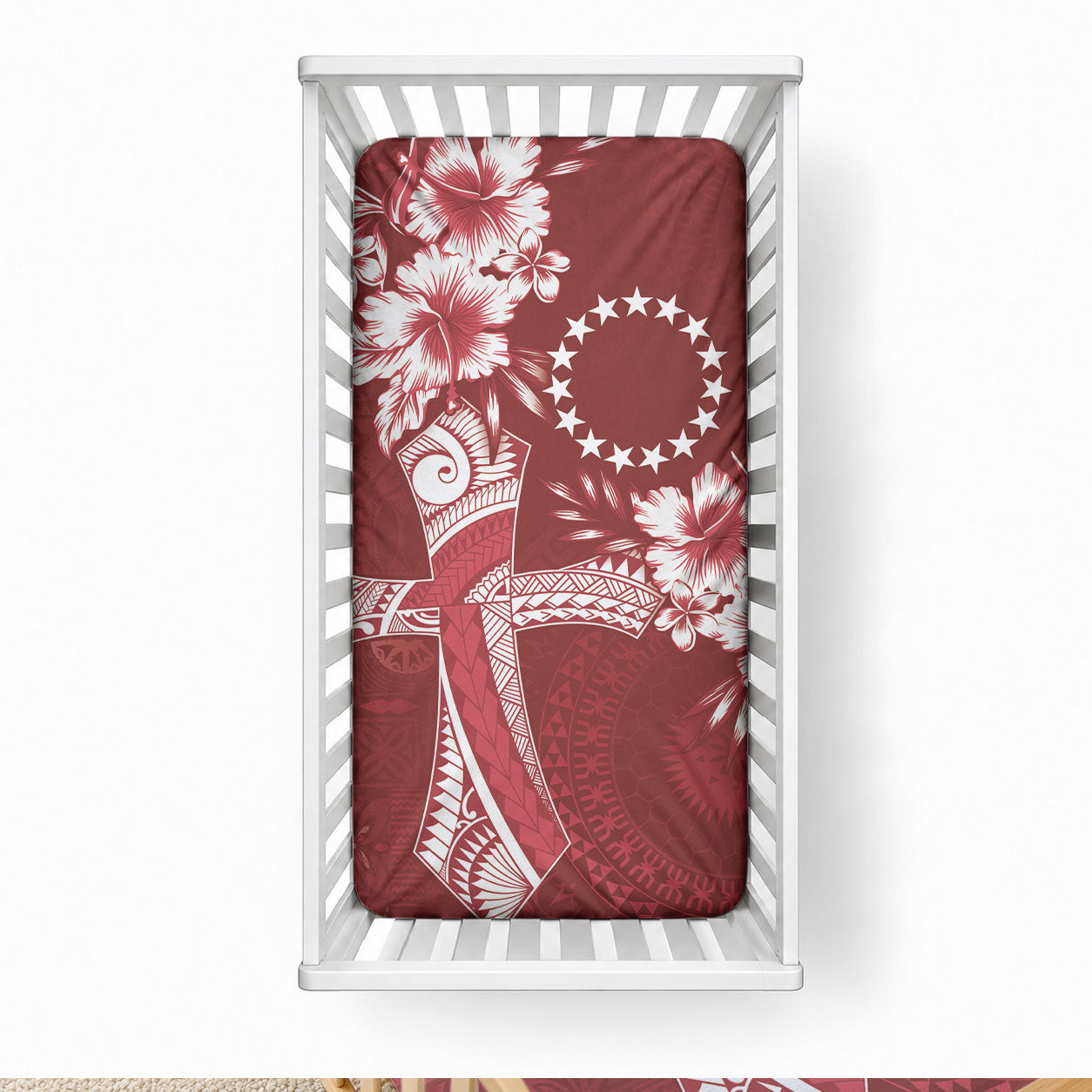 Kia Orana Cook Islands Tapa Floral With Cross Baby Bed Cover Crimson Red LT7 28 × 52 in Crimson Red - Polynesian Pride