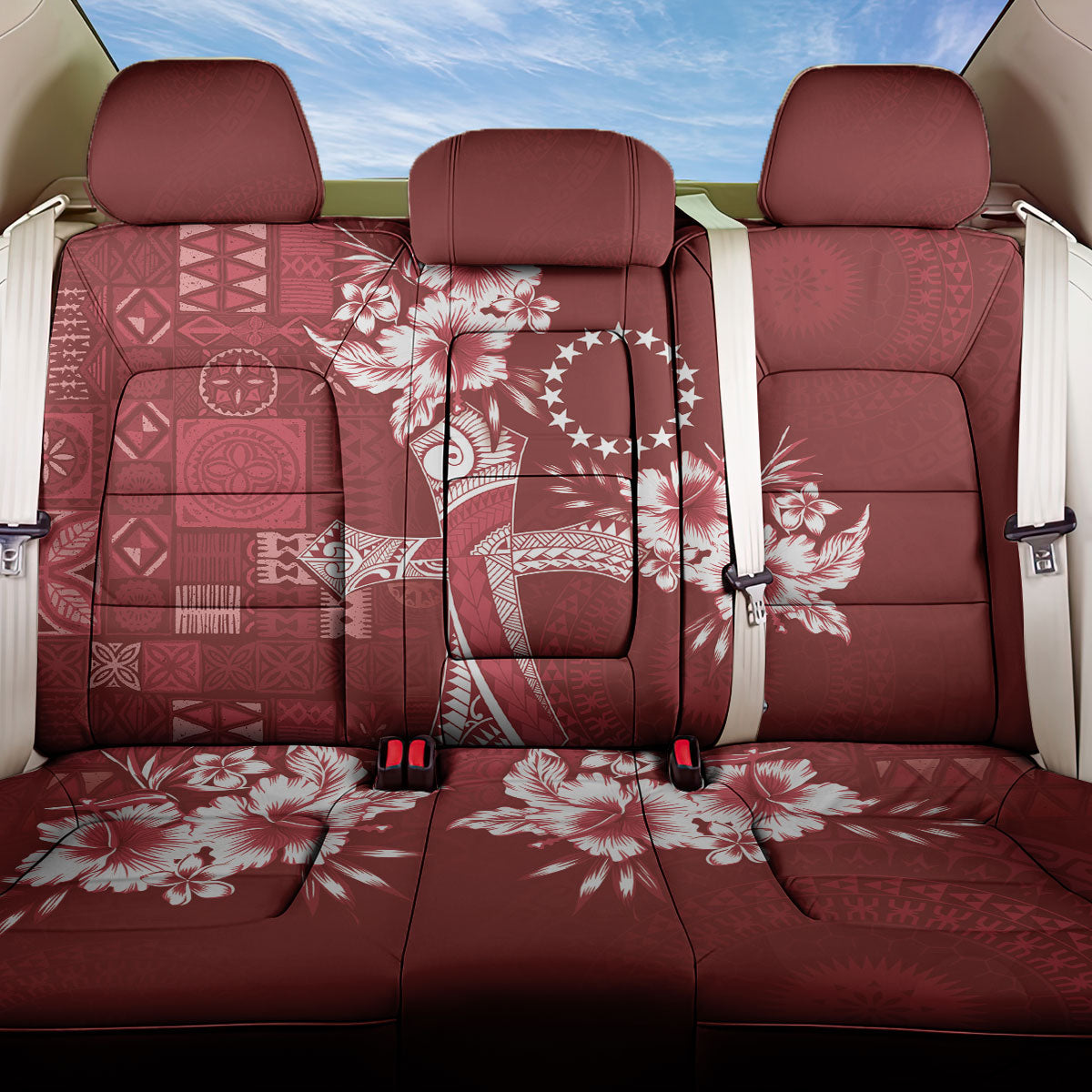 Kia Orana Cook Islands Tapa Floral With Cross Back Car Seat Cover Crimson Red LT7 One Size Crimson Red - Polynesian Pride