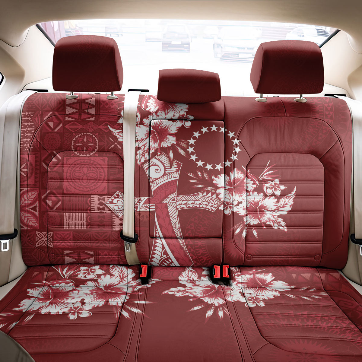 Kia Orana Cook Islands Tapa Floral With Cross Back Car Seat Cover Crimson Red LT7 - Polynesian Pride