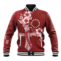 Kia Orana Cook Islands Tapa Floral With Cross Baseball Jacket Crimson Red LT7 Unisex Crimson Red - Polynesian Pride