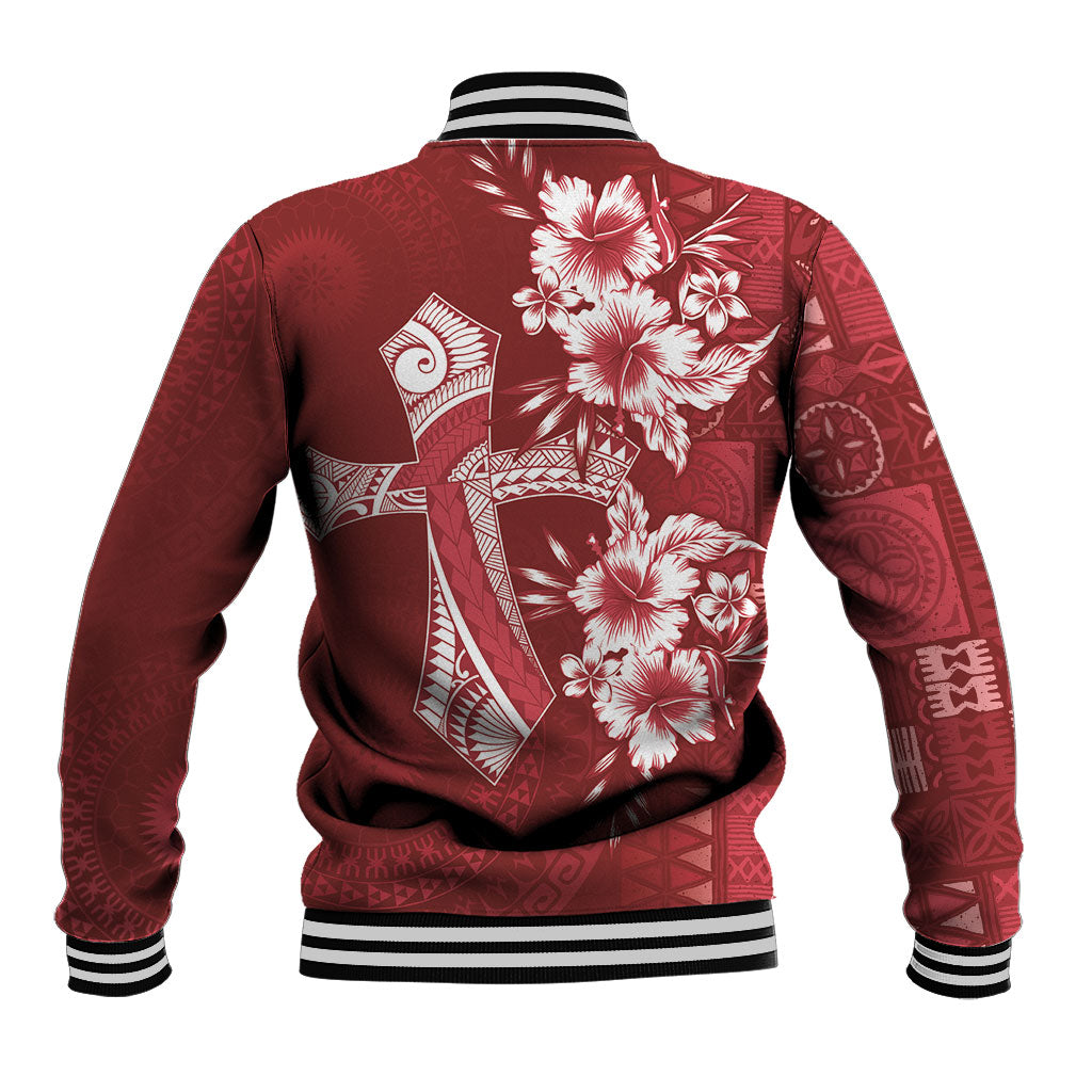 Kia Orana Cook Islands Tapa Floral With Cross Baseball Jacket Crimson Red LT7 - Polynesian Pride