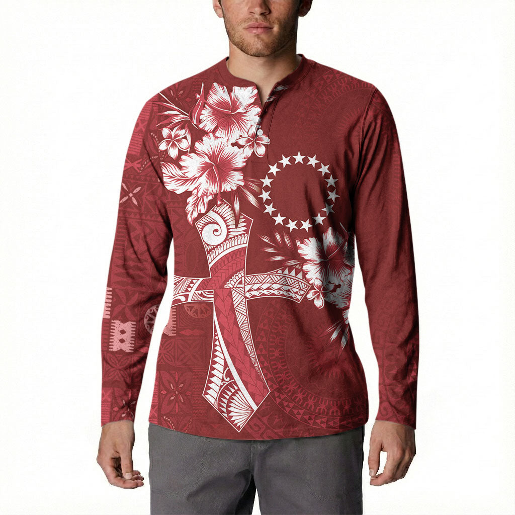 Kia Orana Cook Islands Tapa Floral With Cross Button Sweatshirt Crimson Red LT7 - Polynesian Pride