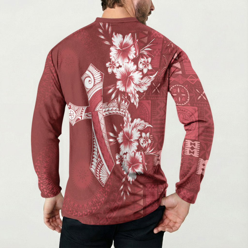 Kia Orana Cook Islands Tapa Floral With Cross Button Sweatshirt Crimson Red LT7 - Polynesian Pride