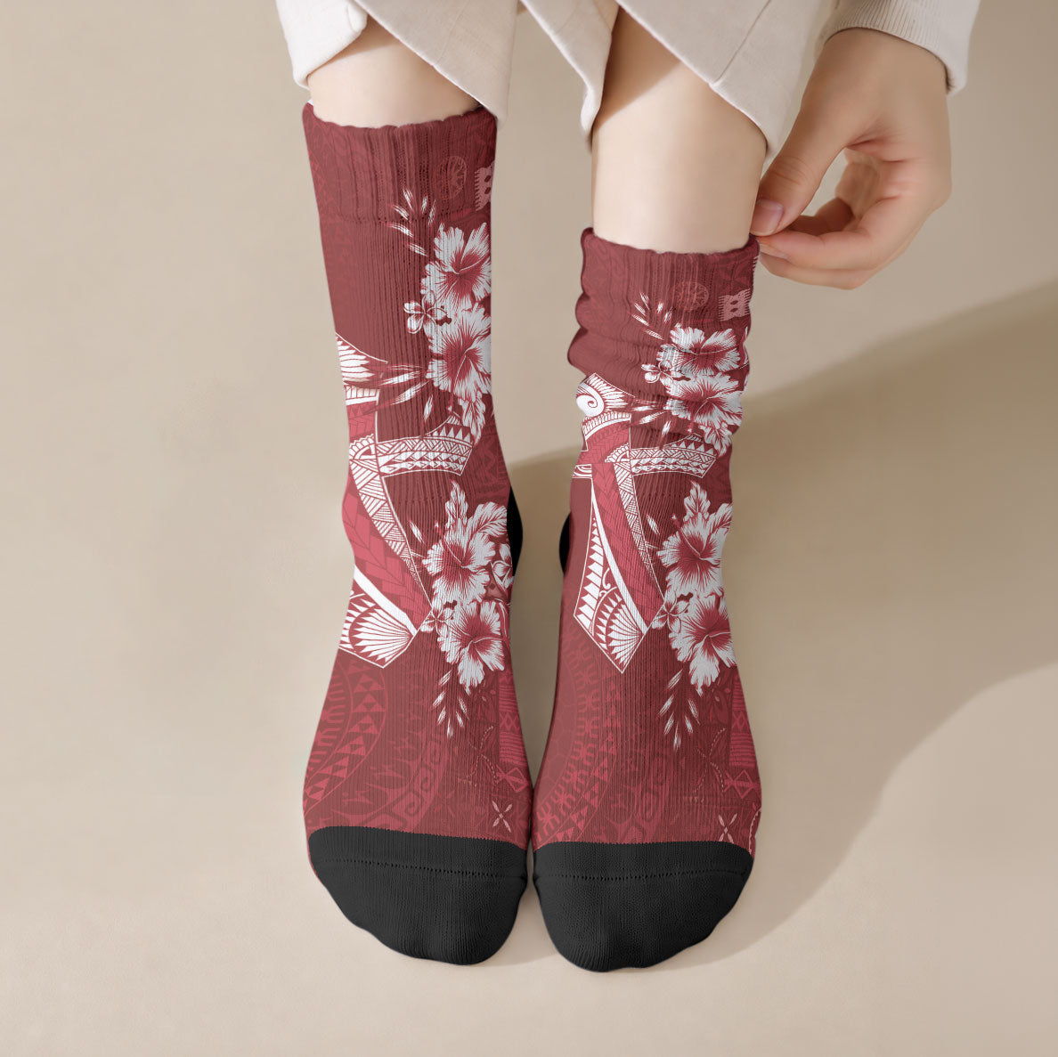 Kia Orana Cook Islands Tapa Floral With Cross Crew Socks Crimson Red LT7 Crew Socks Crimson Red - Polynesian Pride