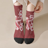 Kia Orana Cook Islands Tapa Floral With Cross Crew Socks Crimson Red LT7 Crew Socks Crimson Red - Polynesian Pride