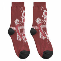Kia Orana Cook Islands Tapa Floral With Cross Crew Socks Crimson Red LT7 - Polynesian Pride
