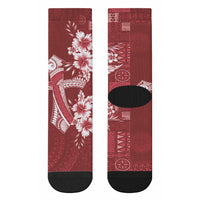 Kia Orana Cook Islands Tapa Floral With Cross Crew Socks Crimson Red LT7 - Polynesian Pride