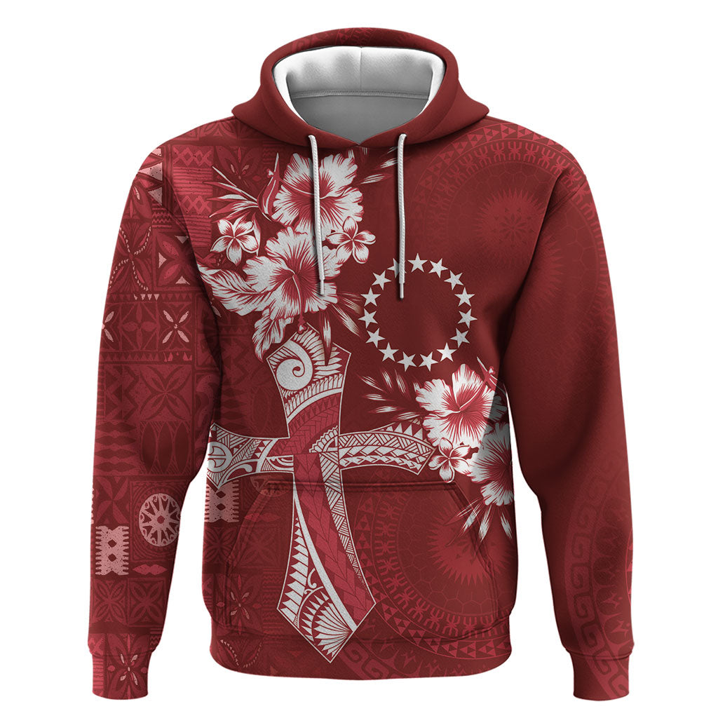 Kia Orana Cook Islands Tapa Floral With Cross Hoodie Crimson Red LT7 Pullover Hoodie Crimson Red - Polynesian Pride