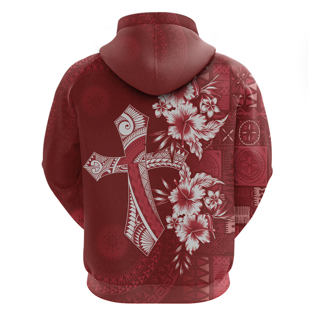 Kia Orana Cook Islands Tapa Floral With Cross Hoodie Crimson Red LT7 - Polynesian Pride