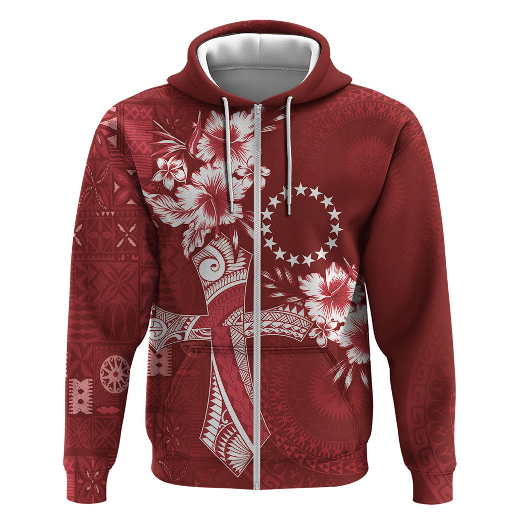 Kia Orana Cook Islands Tapa Floral With Cross Hoodie Crimson Red LT7 Zip Hoodie Crimson Red - Polynesian Pride