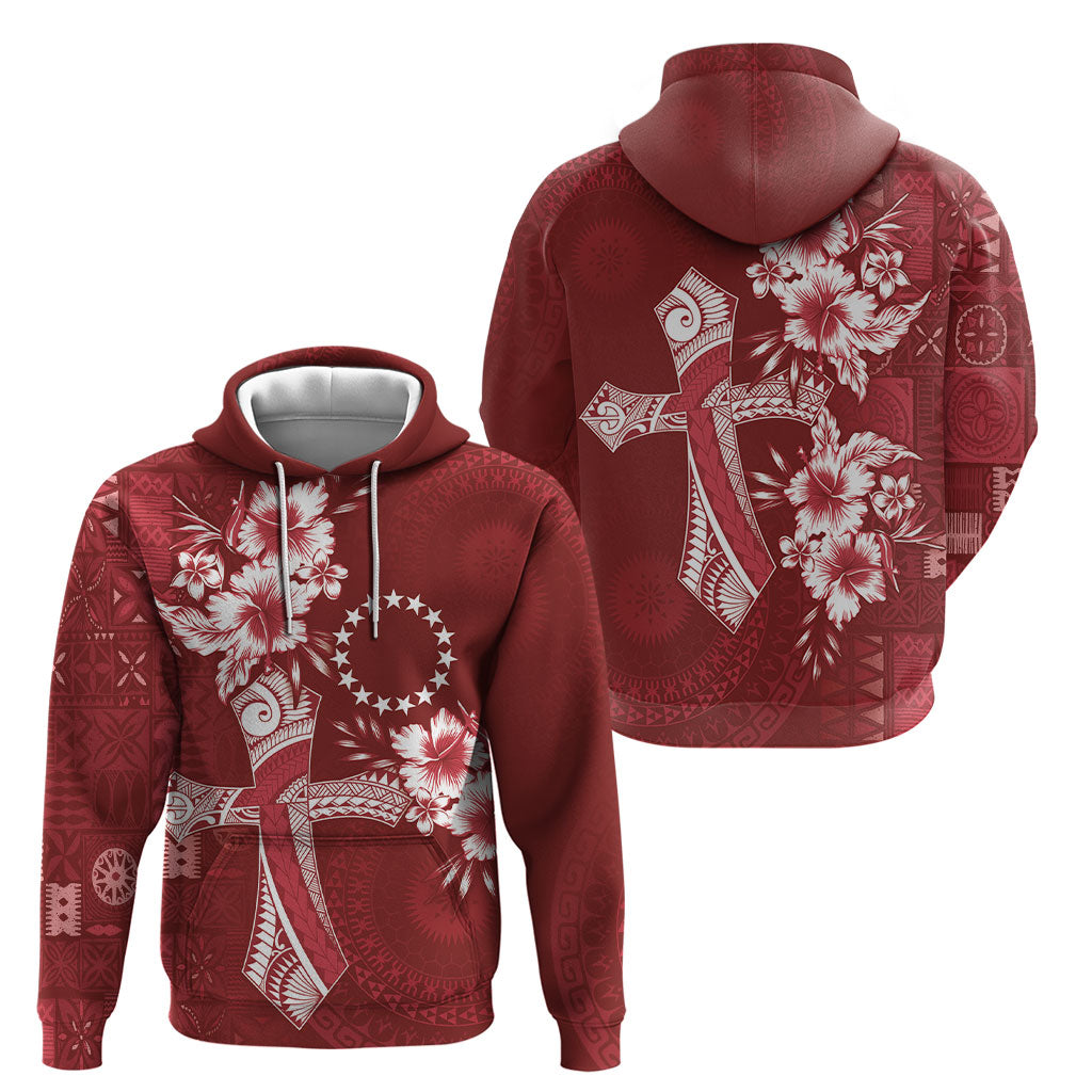 Kia Orana Cook Islands Tapa Floral With Cross Hoodie Crimson Red LT7 - Polynesian Pride