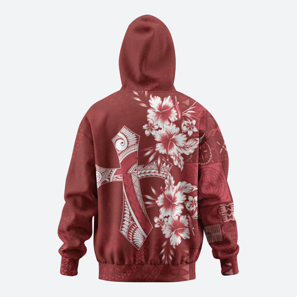 Kia Orana Cook Islands Tapa Floral With Cross Hoodie Crimson Red LT7 - Polynesian Pride