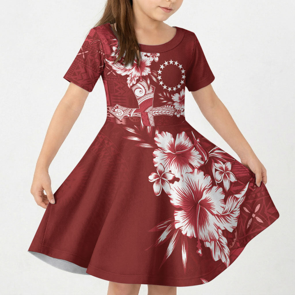 Kia Orana Cook Islands Tapa Floral With Cross Kid Short Sleeve Dress Crimson Red LT7 KID Crimson Red - Polynesian Pride