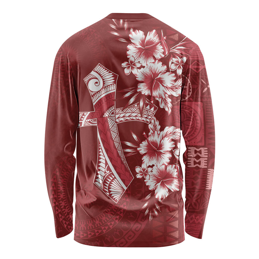 Kia Orana Cook Islands Tapa Floral With Cross Long Sleeve Shirt Crimson Red LT7 - Polynesian Pride