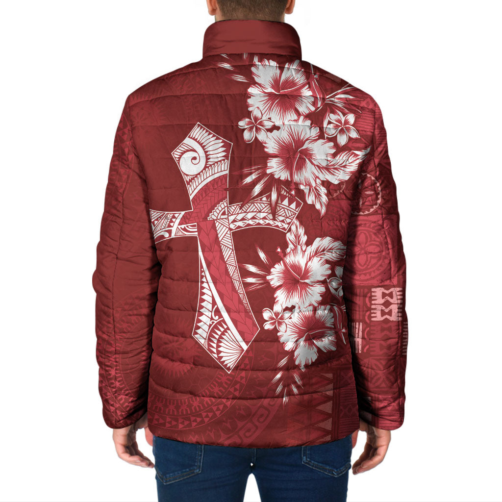 Kia Orana Cook Islands Tapa Floral With Cross Padded Jacket Crimson Red LT7 - Polynesian Pride