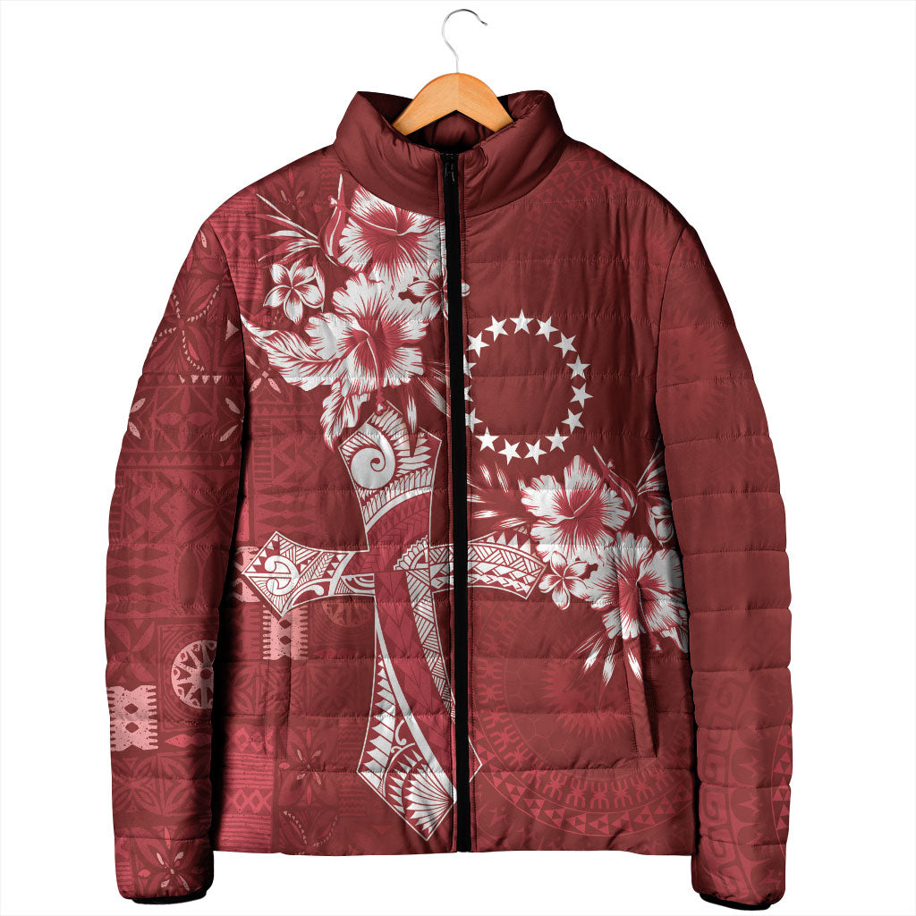 Kia Orana Cook Islands Tapa Floral With Cross Padded Jacket Crimson Red LT7 - Polynesian Pride