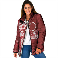 Kia Orana Cook Islands Tapa Floral With Cross Padded Jacket Crimson Red LT7 Women Crimson Red - Polynesian Pride