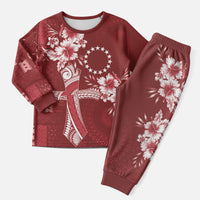 Kia Orana Cook Islands Tapa Floral With Cross Christmas Pajama Set Crimson Red LT7 Men Crimson Red - Polynesian Pride
