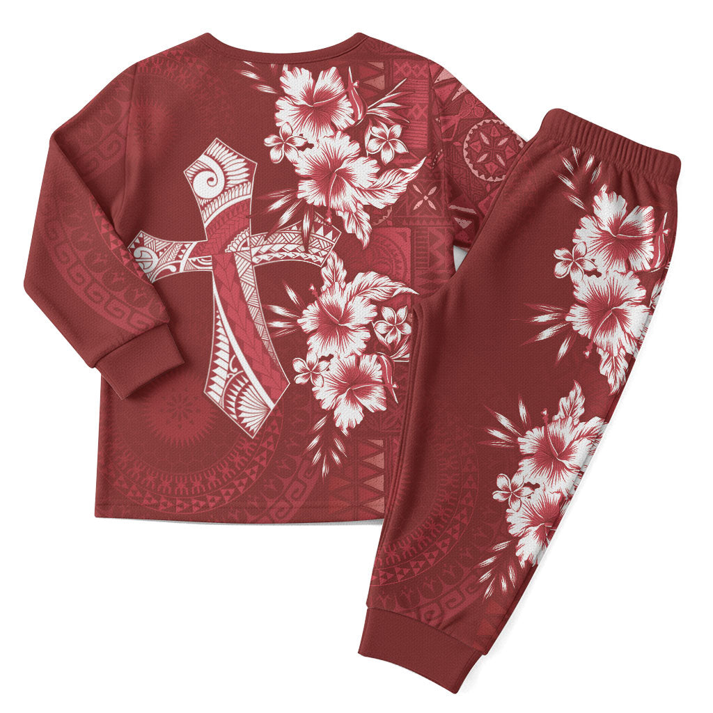 Kia Orana Cook Islands Tapa Floral With Cross Christmas Pajama Set Crimson Red LT7 - Polynesian Pride