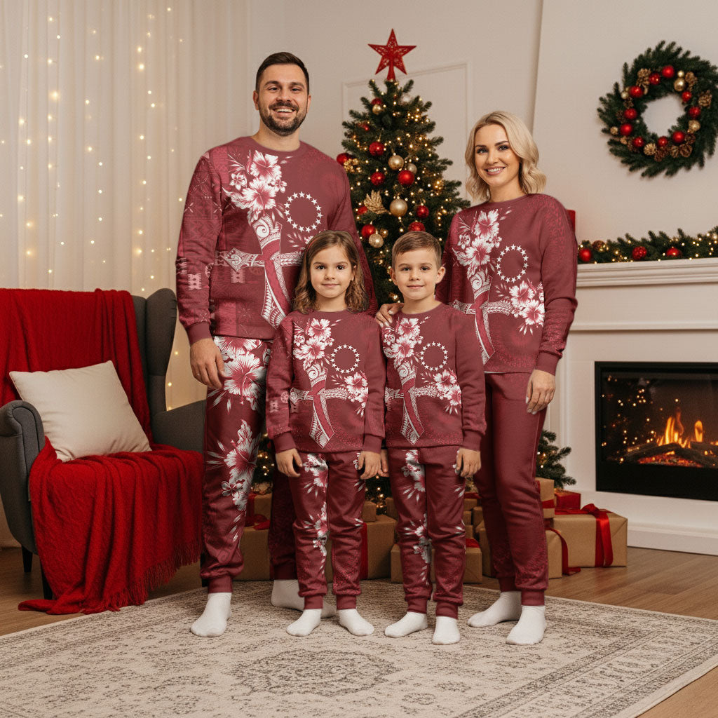 Kia Orana Cook Islands Tapa Floral With Cross Christmas Pajama Set Crimson Red LT7 - Polynesian Pride