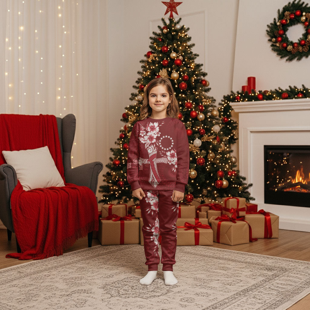 Kia Orana Cook Islands Tapa Floral With Cross Christmas Pajama Set Crimson Red LT7 Kid Crimson Red - Polynesian Pride
