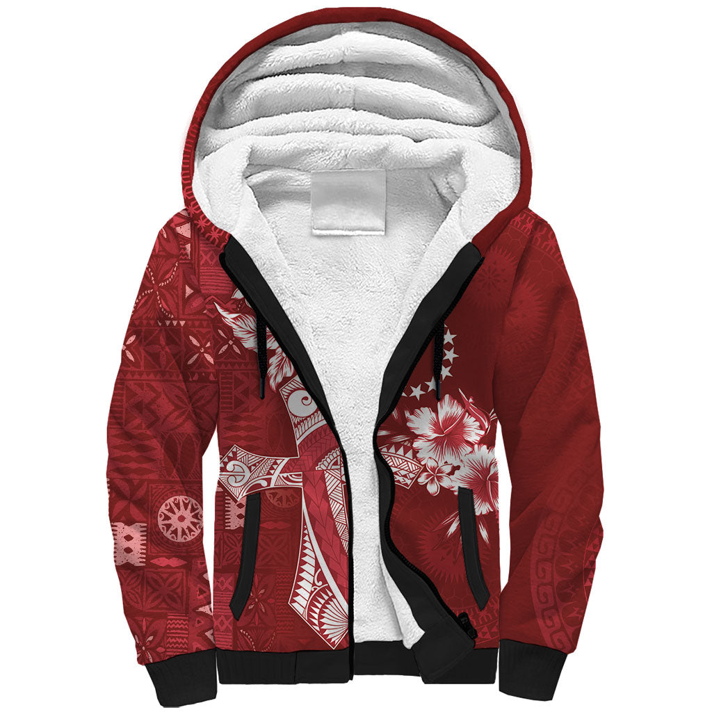 Kia Orana Cook Islands Tapa Floral With Cross Sherpa Hoodie Crimson Red