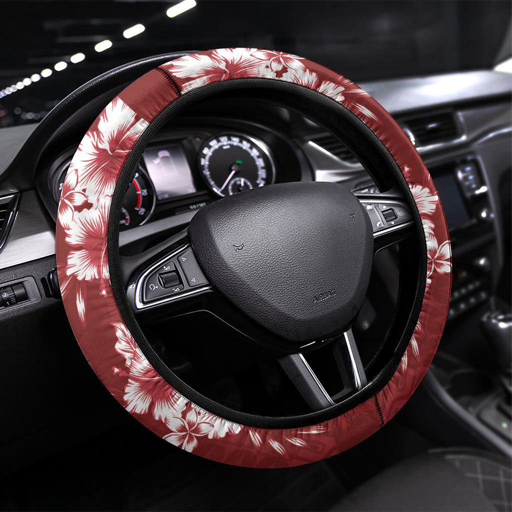 Kia Orana Cook Islands Tapa Floral With Cross Steering Wheel Cover Crimson Red LT7 Universal Fit Crimson Red - Polynesian Pride