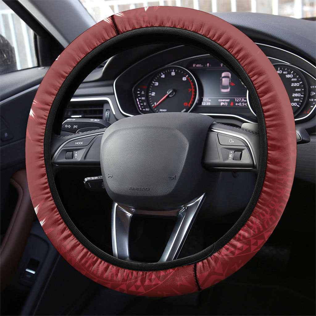 Kia Orana Cook Islands Tapa Floral With Cross Steering Wheel Cover Crimson Red LT7 - Polynesian Pride