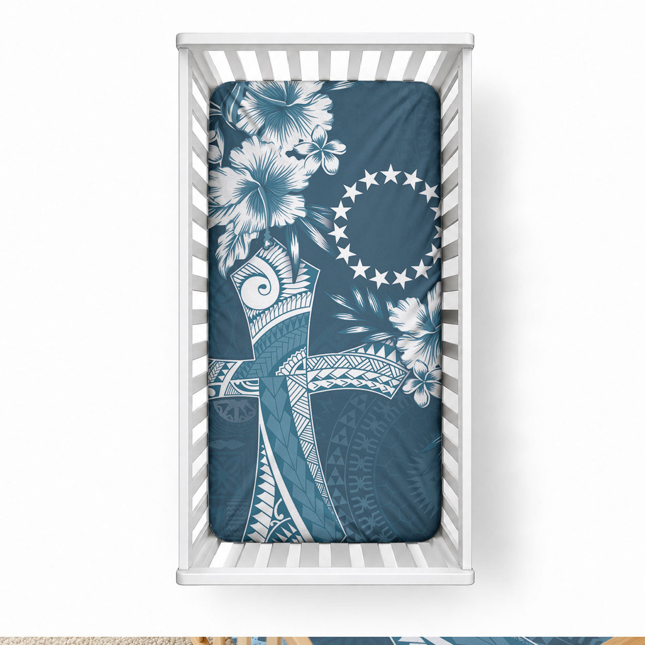 Kia Orana Cook Islands Tapa Floral With Cross Baby Bed Cover Navy Blue LT7 28 × 52 in Navy Blue - Polynesian Pride