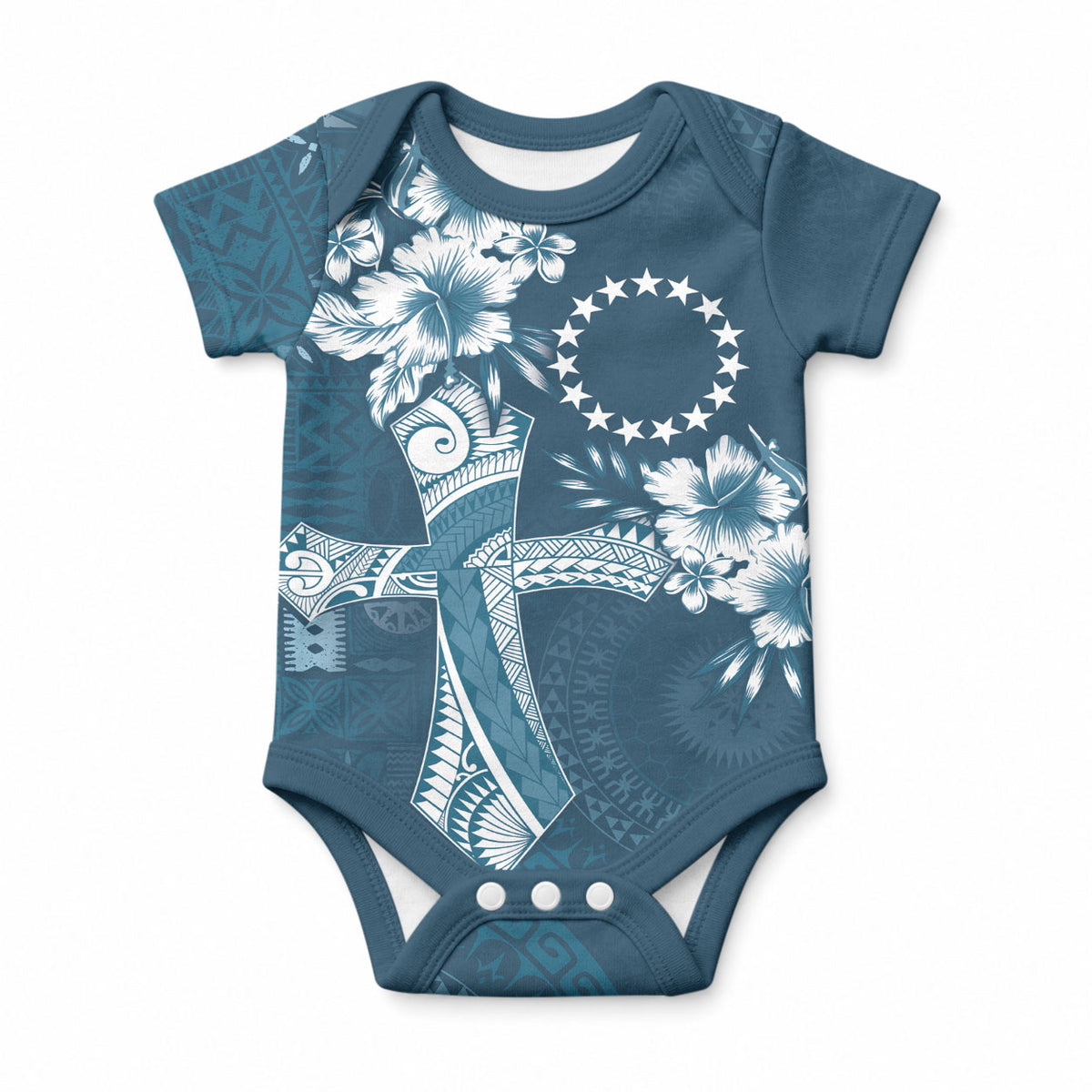 Kia Orana Cook Islands Tapa Floral With Cross Baby Onesie Navy Blue LT7 Navy Blue - Polynesian Pride