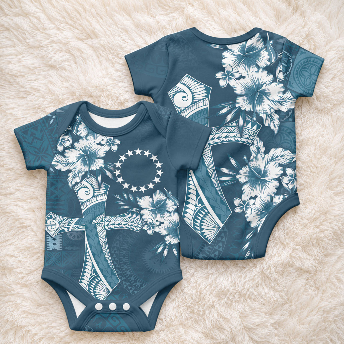Kia Orana Cook Islands Tapa Floral With Cross Baby Onesie Navy Blue LT7 - Polynesian Pride