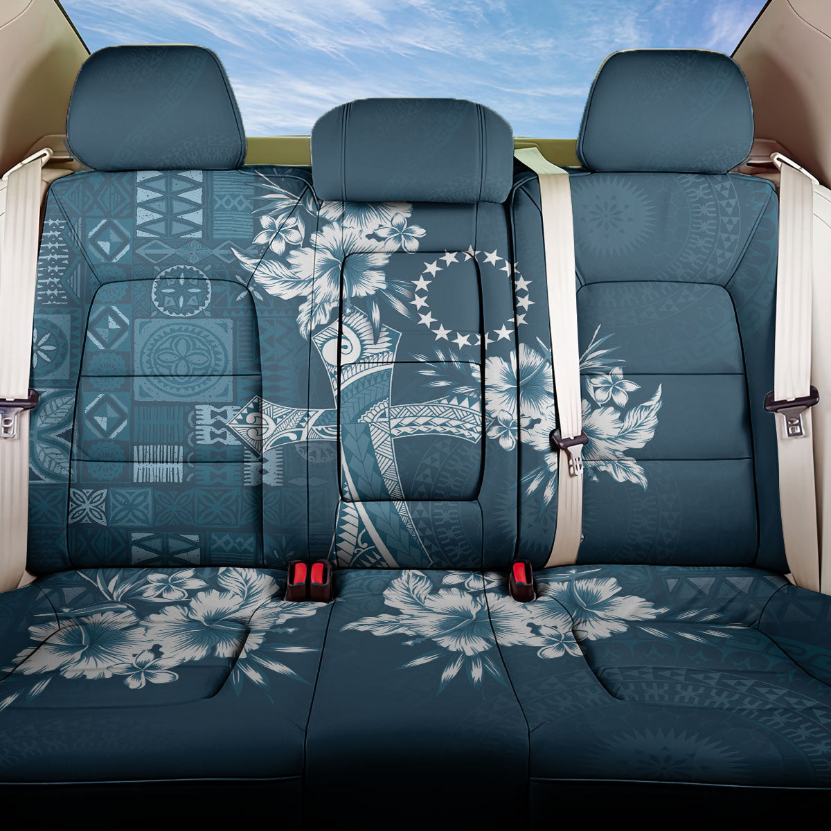 Kia Orana Cook Islands Tapa Floral With Cross Back Car Seat Cover Navy Blue LT7 One Size Navy Blue - Polynesian Pride