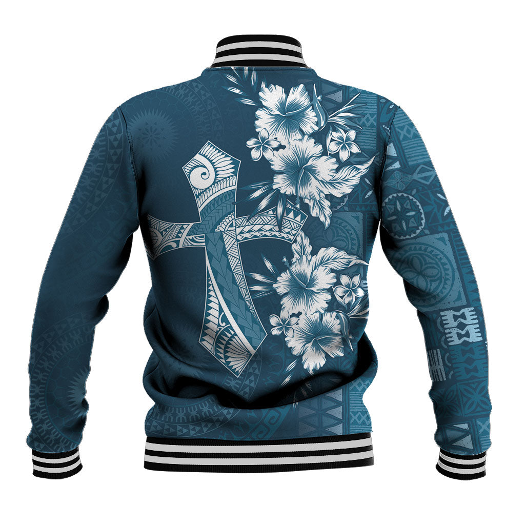Kia Orana Cook Islands Tapa Floral With Cross Baseball Jacket Navy Blue LT7 - Polynesian Pride