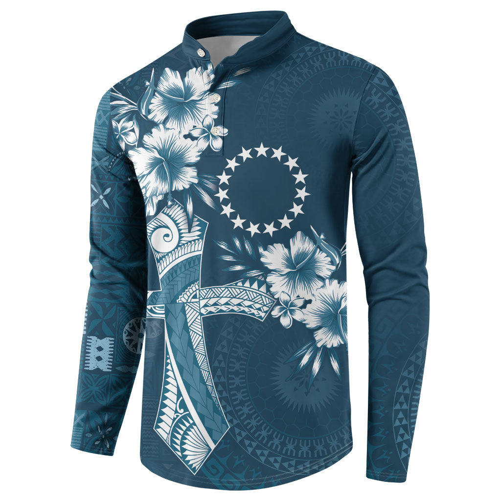 Kia Orana Cook Islands Tapa Floral With Cross Button Sweatshirt Navy Blue LT7 - Polynesian Pride
