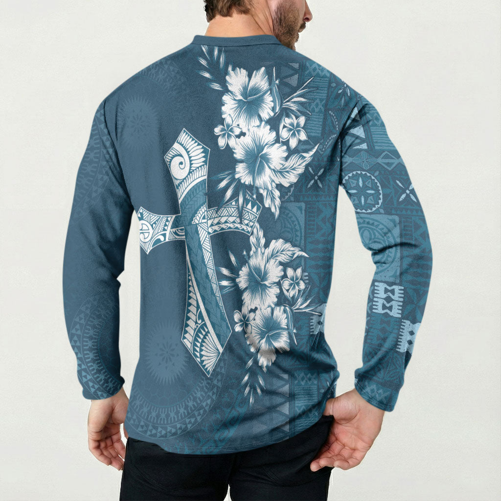 Kia Orana Cook Islands Tapa Floral With Cross Button Sweatshirt Navy Blue LT7 - Polynesian Pride