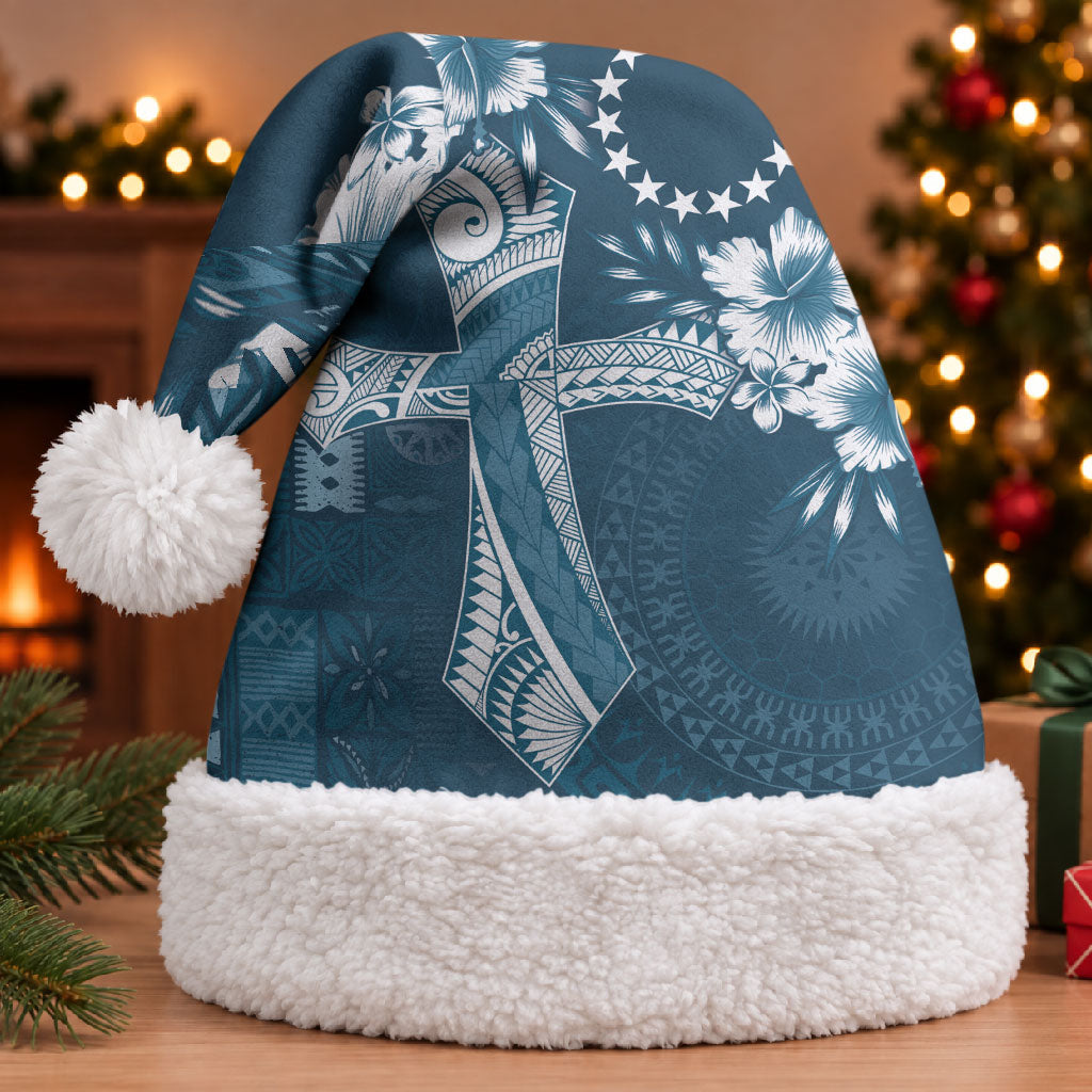 Kia Orana Cook Islands Tapa Floral With Cross Christmas Santa Hat Navy Blue LT7 With Fur Navy Blue - Polynesian Pride