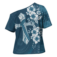 Kia Orana Cook Islands Tapa Floral With Cross Cross Shoulder Shirt Navy Blue LT7 - Polynesian Pride